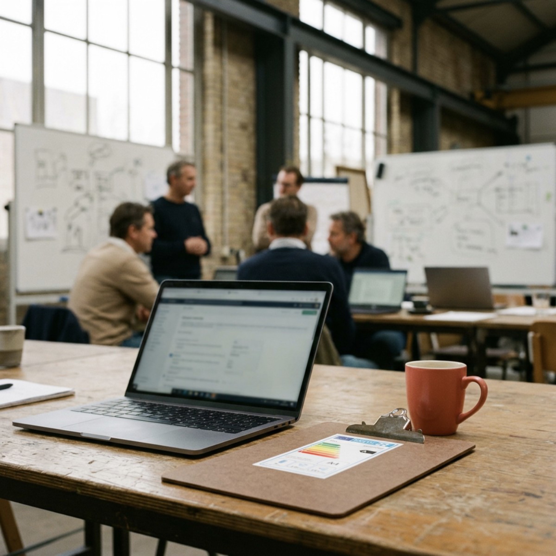 Een energielabel op een klembord naast een laptop