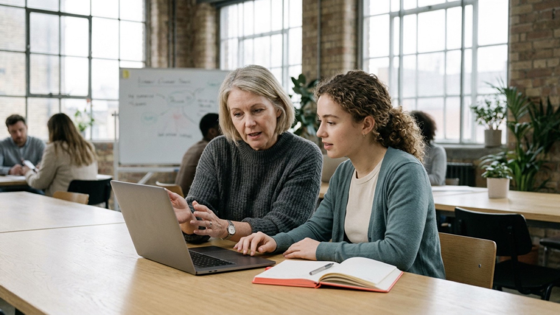 Een senior en een junior werken samen aan één laptop